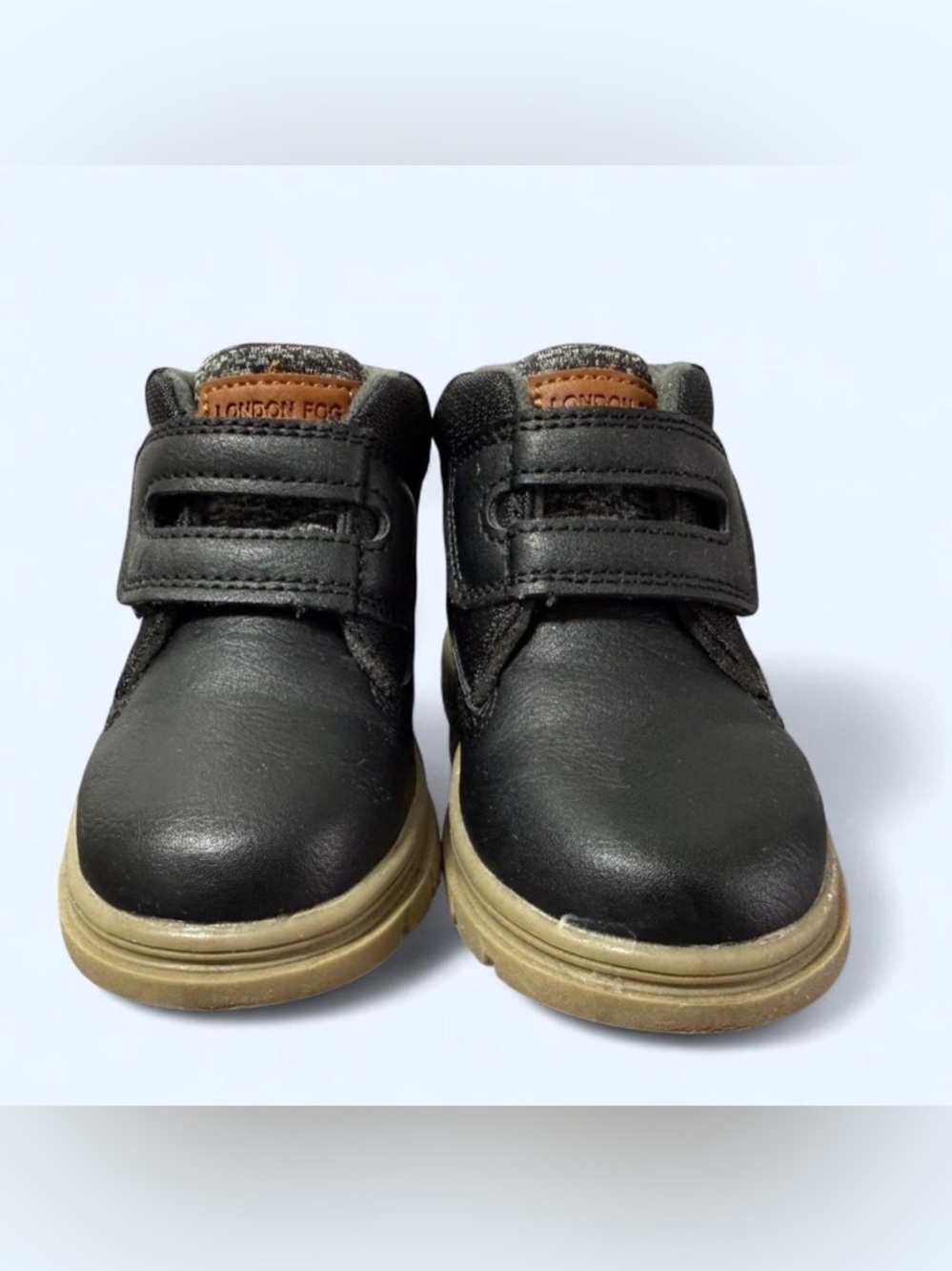 ❌SOLD❌ London Fog Kids Black Faux Leather Velcro Boot Sneakers with Tan Sole